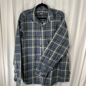 Patagonia Shirt Mens 2XL Blue Grey Organic Cotton Plaid Long Sleeve Button Front